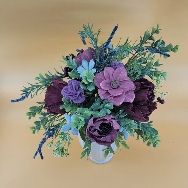 Tall Purple and Blue Wood Flower Arrangement